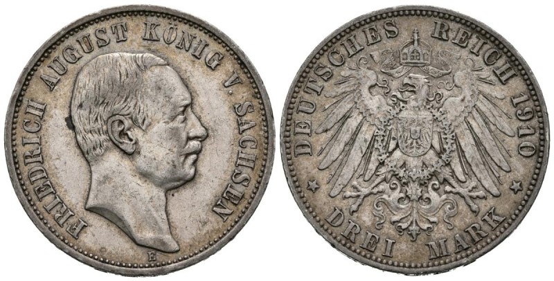 ALEMANIA. 3 Mark. (Ar. 16,60g/33mm). 1910. Friedrich August III. Sajonia E. (Km#...