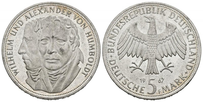 ALEMANIA. 5 Mark. (Ar. 11,20g/29mm). 1967. Stuttgart F. 200º Aniversario del Nac...