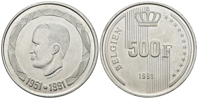 BELGICA. 500 Francs. (Ar. 22,97g/37mm). 1991. 40 Aniversario del Reinado del Rey...