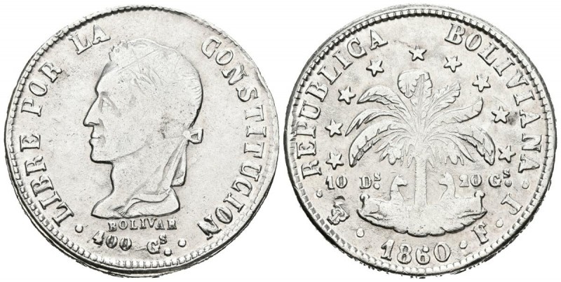 BOLIVIA. 8 Soles (Ar. 20,04g/36mm). 1860. Potosí. FJ. (Km#138.6). BC+/MBC-. Limp...