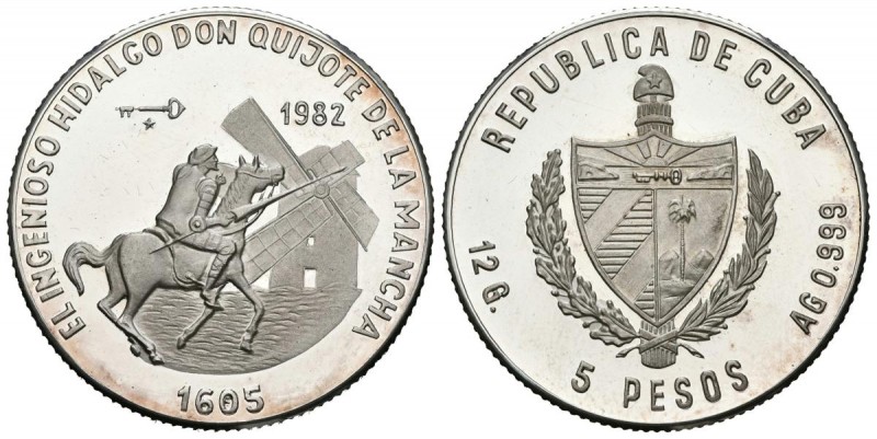 CUBA. 5 Pesos. (Ar. 12,07g/30mm). 1982. Don Quijote de la Mancha. (Km#100). PROO...