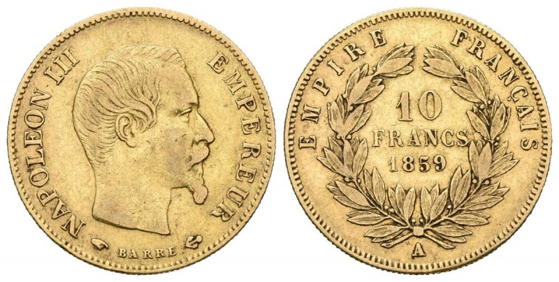 FRANCIA. 10 Francs. (Au. 3,21g/19mm). 1859. París A. (Km#784.3). MBC.