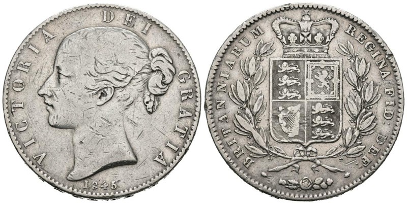 REINO UNIDO. 1 Crown. (Ar. 27,91g/38mm). 1845. Reina Victoria. (Km#741). MBC-.