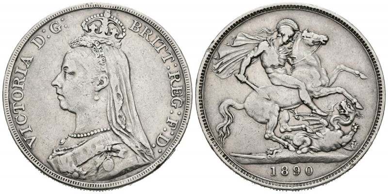 REINO UNIDO. 1 Crown. (Ar. 28,05g/38mm). 1890. Reina Victoria. (Km#765). MBC.