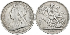 GRAN BRETAÑA. 1 Crown. (Ar. 27,70g/39mm). 1893 (Año LVI de reinado). Reina Victoria. (Km#783). MBC-. Limpiada.