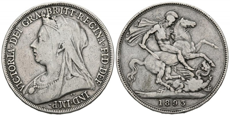 GRAN BRETAÑA. 1 Crown. (Ar. 27,73g/38mm). 1893. Reina Victoria. (Km#783). MBC-.