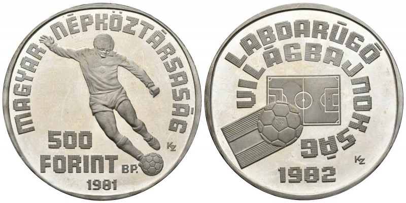 HUNGRÍA. 500 Florines. (Ar. 28,14g/40mm). 1981. Mundial de Fútbol´82. (Km#624). ...