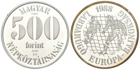 HUNGRIA. 500 Forint (Ar. 28,01g/40mm). 1988.Campeonato Europeo de Fútbol 1988. (Km#666). PROOF. Incluye capsula y estuche.