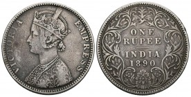 INDIA BRITANICA. 1 Rupia. (Ar. 11,53g/30mm). 1890. Reina Victoria. (Km#492). MBC/MBC+. Precioso tono.