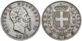 ITALIA. 5 Liras. (Ar. 24,92g/37mm). 1869. Victor Manuel II. Milán. (Km#8.3). MBC+.