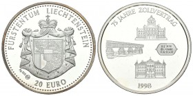 LIECHTENSTEIN. 20 Euro (Ar. 25,09g/39mm). 1998. 75 Aniversario del Tratado Aduanero. Tirada de 7500 unidades. Incluye estuche y certificado de autenti...