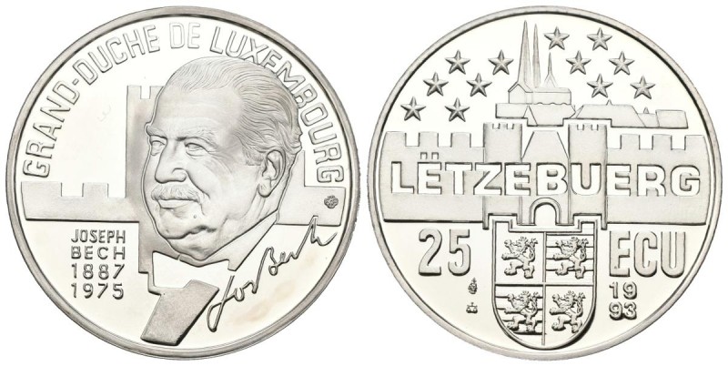 LUXEMBURGO. 25 Ecu (Ar. 22,93g/37mm). 1993. Joseph Bech 1887-1975. PROOF. Tirada...