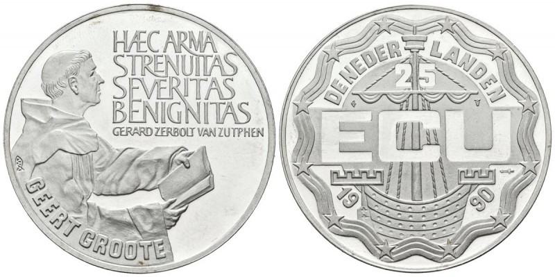 PAISES BAJOS. 25 Ecu. (Ar. 25,20g/38mm). 1990. Geer Groote. (Km#UC201). PROOF.