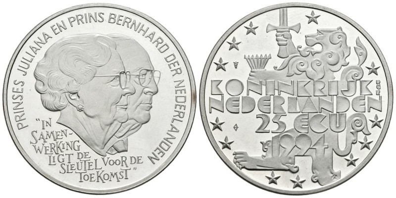 PAISES BAJOS. 25 Ecu. (Ar. 25,21g/38mm). 1994. Princesa Juliana y Principe Bernh...