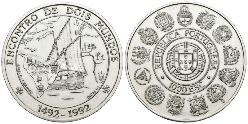 PORTUGAL. 1000 Escudos. (Ar. 26,89g/40mm). 1992. Encuentro entre los dos mundos....