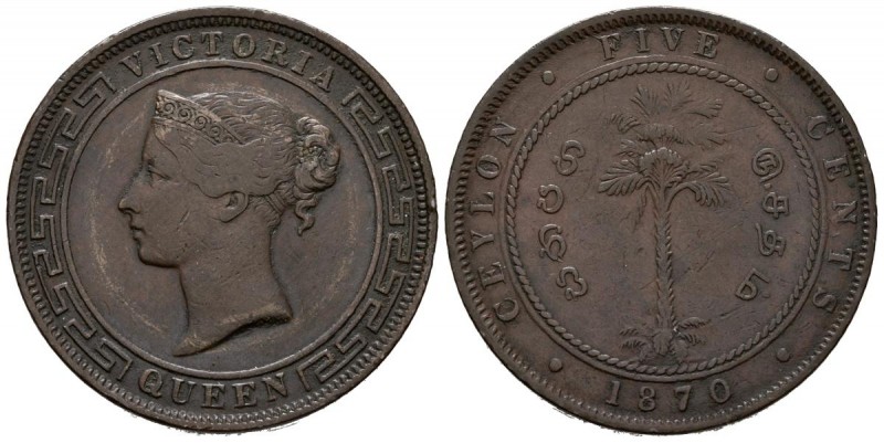 SRI-LANKA. 5 Cents. (Cu. 18,62g/33mm). 1870. (Km#93). Busto de la Reina Victoria...