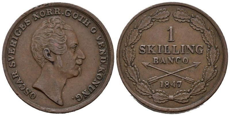 SUECIA. 1 Skilling. (Cu. 11,11g/27mm). 1847. (Km#671). MBC+. Pequeñas marquitas ...