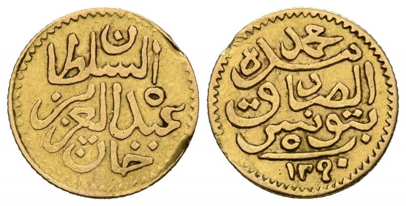 TUNEZ, Abd al-Aziz (1861-1876). 5 Piastras. (Au. 0,92g/13mm). 1290H. (Km#169). M...