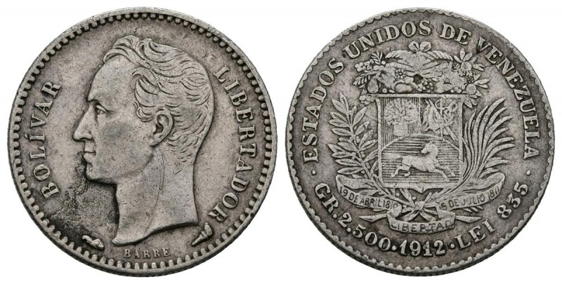 ESTADOS UNIDOS DE VENEZUELA. 1/2 Bolívar. (Ar. 2,47/18mm). 1912. París. (Km#Y21)...