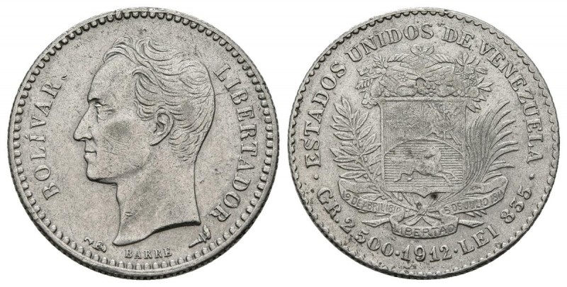 ESTADOS UNIDOS DE VENEZUELA. 1/2 Bolívar. (Ar. 2,47/18mm). 1912. París. (Km#Y21)...