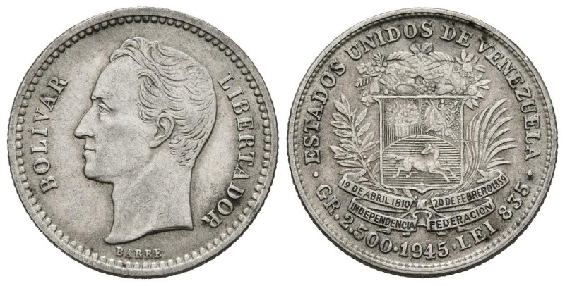 ESTADOS UNIDOS DE VENEZUELA. 1/2 Bolívar. (Ar. 2,49g/18mm). 1945. Philadelphia. ...