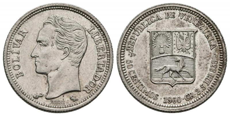 ESTADOS UNIDOS DE VENEZUELA. 1/2 Bolívar. (Ar. 2,52g/18mm). 1960. Philadelphia. ...