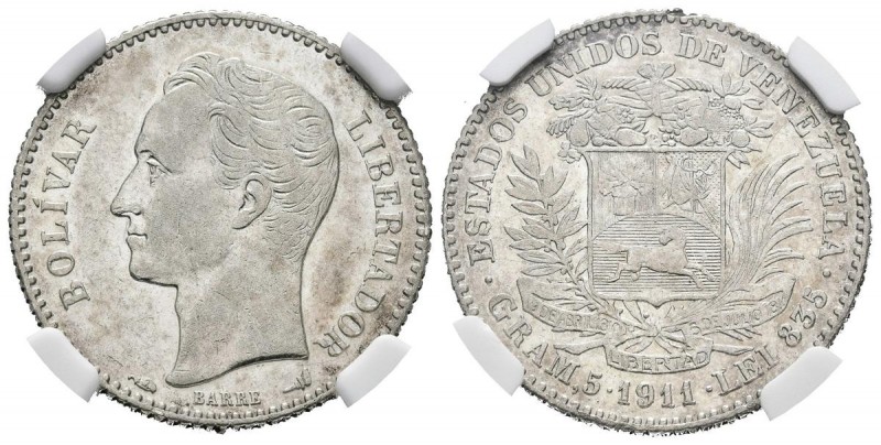 ESTADOS UNIDOS DE VENEZUELA. 1 Bolívar. (Ar. 5,00g/23mm). 1911. (Km#Y22). Encaps...