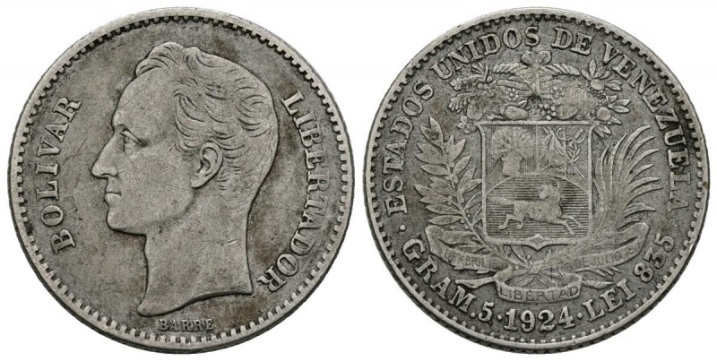 ESTADOS UNIDOS DE VENEZUELA. 1 Bolívar (Ar. 4,94g/28mm). 1924. Philadelphia. (Km...