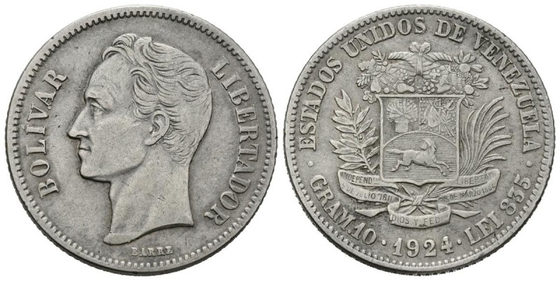 ESTADOS UNIDOS DE VENEZUELA. 2 Bolívares. (Ar. 9,90g/27mm). 1924. Philadelphia. ...