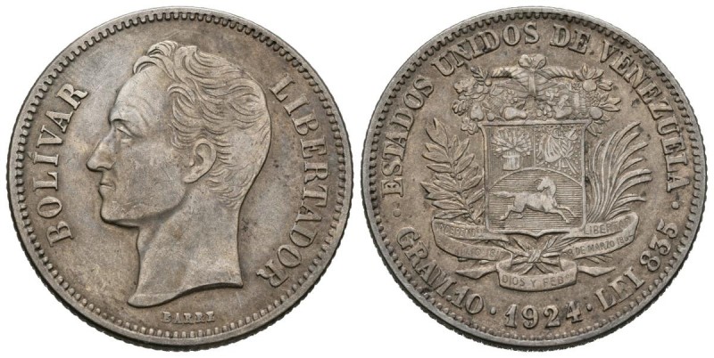 ESTADOS UNIDOS DE VENEZUELA. 2 Bolívares. (Ar. 9,87g/27mm). 1924. Philadelphia. ...