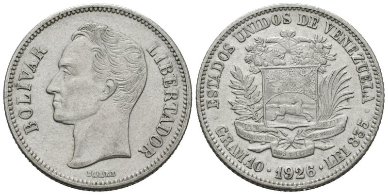 ESTADOS UNIDOS DE VENEZUELA. 2 Bolívares. (Ar. 10,00g/27mm). 1926. Philadelphia....