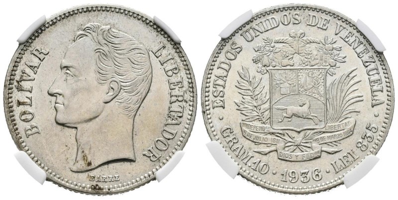 ESTADOS UNIDOS DE VENEZUELA. 2 Bolívares. (Ar. 10,00g/27mm). 1936. Philadelphia....