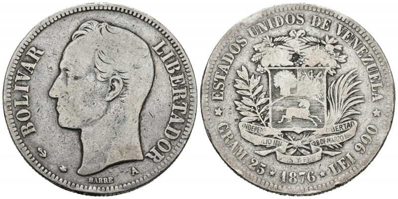 ESTADOS UNIDOS DE VENEZUELA. 5 Bolívares. (Ar. 24,32g/37mm). 1876. (Km#Y16). BC+...