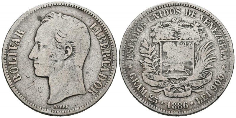 VENEZUELA. 5 Bolívares. (Ar. 24,38g/37mm). 1886. Caracas. (Km#Y24.1). MBC-.