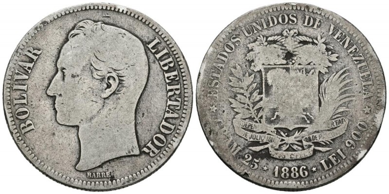 ESTADOS UNIDOS DE VENEZUELA. 5 Bolívares. (Ar. 24,07g/37mm). 1886. Caracas. (Km#...