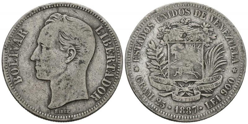 ESTADOS UNIDOS DE VENEZUELA. 5 Bolívares. (Ar. 24,54g/37mm). 1887. Caracas. (Km#...