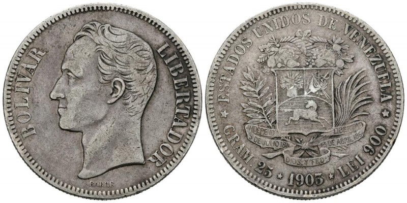 ESTADOS UNIDOS DE VENEZUELA. 5 Bolívares. (Ar. 24,81g/37mm). 1903. Philadelphia....