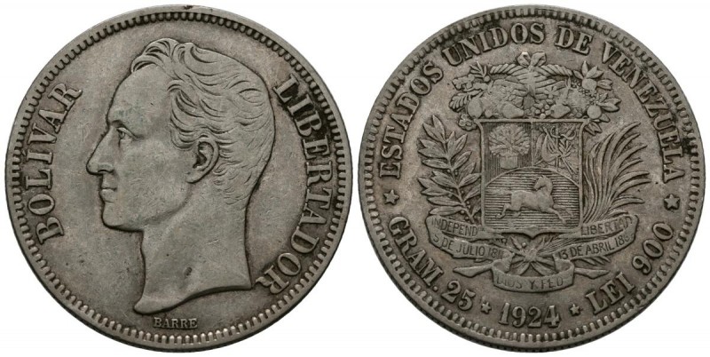 ESTADOS UNIDOS DE VENEZUELA. 5 Bolívares. (Ar. 24,92g/37mm). 1924. Philadelphia....