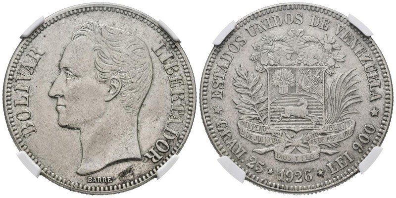 ESTADOS UNIDOS DE VENEZUELA. 5 Bolívares. (Ar. 25,00g/37mm). 1926. Philadelphia....