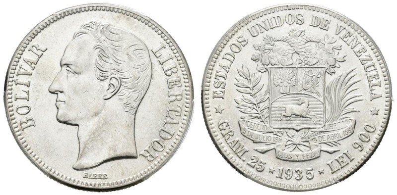 ESTADOS UNIDOS DE VENEZUELA. 5 Bolívares. (Ar. 25,00g/37mm). 1935. Philadelphia....