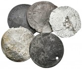 CARLOS III Y CARLOS IV. Lote compuesto por 5 monedas de 2 Reales, conteniendo: 1780 Lima MI, 1792 Lima IJ, 1795 Guatemala M y 1799 Guatemala M (2). To...