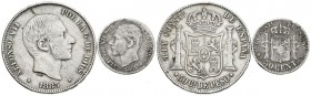 CENTENARIO DE LA PESETA. Conjunto de 2 monedas de 50 Centavos y 50 Céntimos acuñados bajo el reinado de Alfonso XII. Cecas de Manila y Madrid. Diferen...