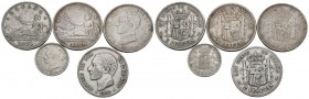 CENTENARIO DE LA PESETA. Bonito conjunto formado por 5 monedas de plata , 4 de ellas de 2 pesetas y 1 de 50 céntimos acuñadas en los reinados de Alfon...