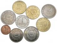 Conjunto de 9 monedas de Prueba conocidos como Euros de Churriana. Incluye los valores de 1 y 50 céntimos y 1 y 2 euros. A EXAMINAR