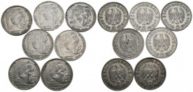 ALEMANIA. Bonito conjunto de 7 piezas de plata de 5 ReichsMark de los años 1935 y 1936. Cecas de: Muldenhütten, Stuttgart, Berlín, Karlsruhe y Munich....