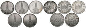 ALEMANIA. Conjunto de 5 piezas de 5 ReichsMarks de los años 1934 y 1935. Cecas de Berlín y Munich. Diferentes estados de conservación. A EXAMINAR.