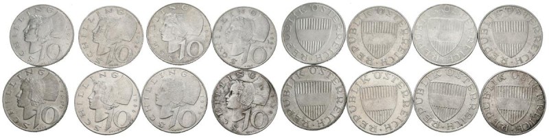 AUSTRIA. Magnífico conjunto de 8 Schilling de plata acuñados entre 1957 y 1973. ...