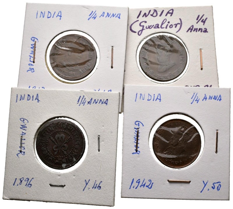 INDIA. 4 monedas de 1/4 de Anna de entre los años 1896 y 1942. Diferentes estado...