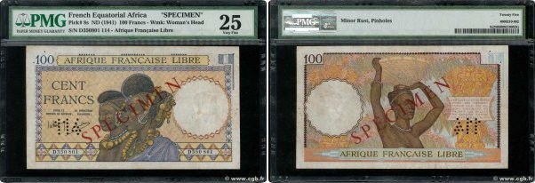 Country : FRENCH EQUATORIAL AFRICA 
Face Value : 100 Francs Spécimen 
Date : (19...