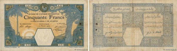 Country : FRENCH WEST AFRICA (1895-1958) 
Face Value : 50 Francs GRAND-BASSAM  
...